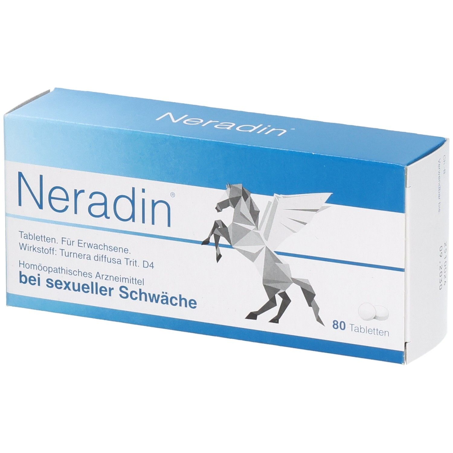 Blau-weiße Schachtel mit "Neradin"-Schriftzug und Pegasus-Grafik. Enthält 80 Tabletten. Text: "bei sexueller Schwäche".