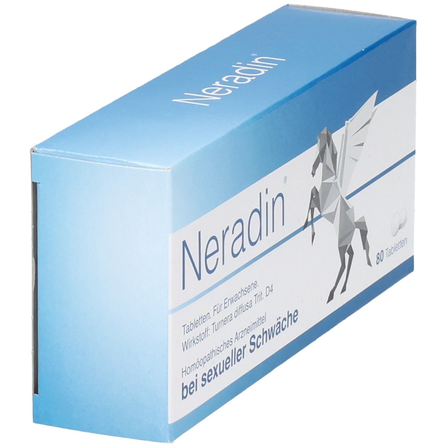 Schräg gestellte blaue und weiße "Neradin"-Schachtel. Pegasus-Grafik und Text: "bei sexueller Schwäche". Enthält 80 Tabletten.