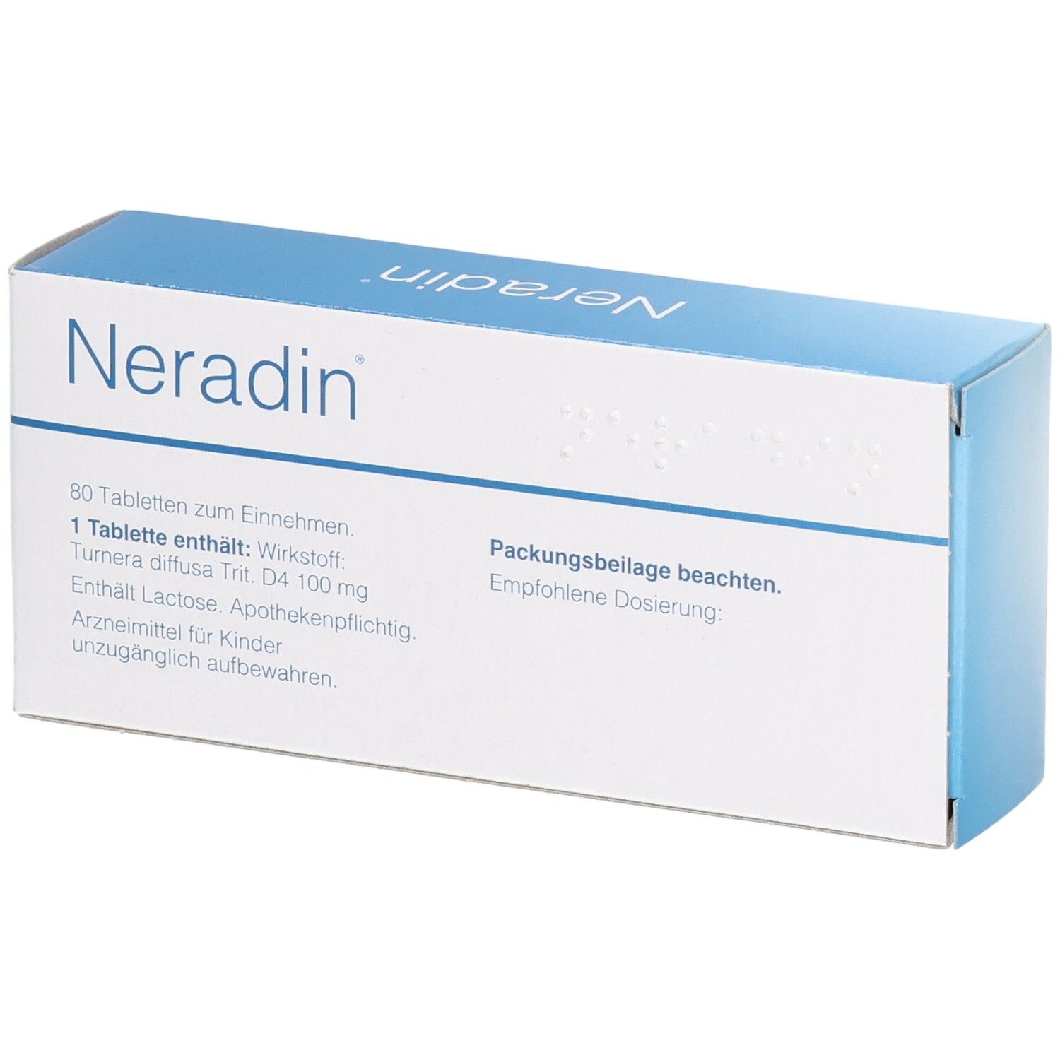 Weiße und blaue "Neradin"-Schachtel. Text: "80 Tabletten zum Einnehmen". Enthält Informationen zu Inhaltsstoffen und Dosierung.