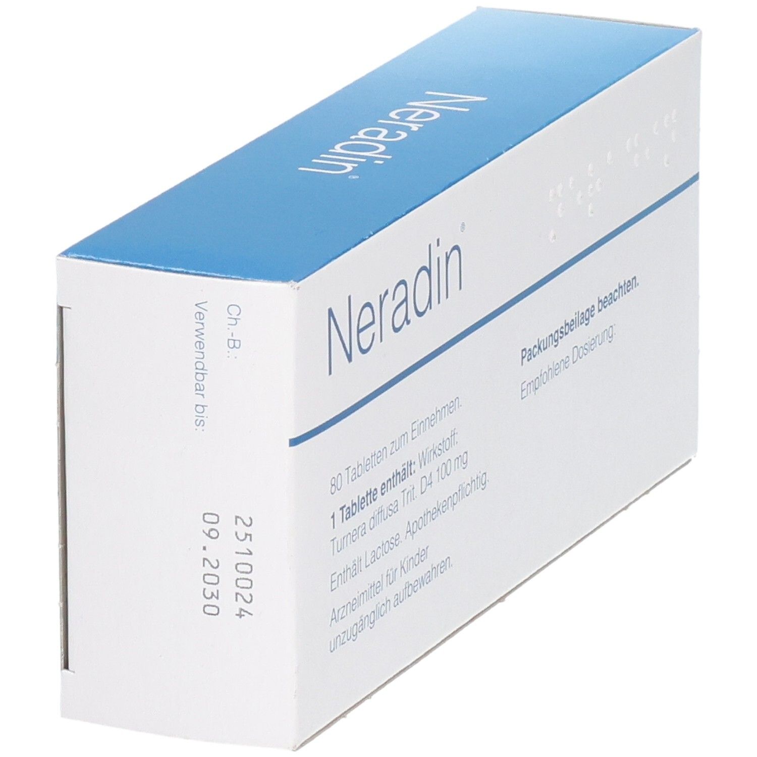 Schräg gestellte "Neradin"-Schachtel. Enthält Informationen zu Inhaltsstoffen, Dosierung und Verfallsdatum: 09.2030.