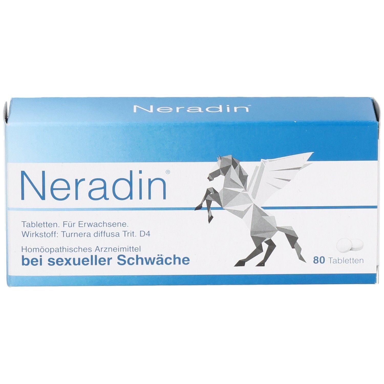 Blaue und weiße "Neradin"-Schachtel mit Pegasus-Grafik. Enthält 80 Tabletten. Text: "bei sexueller Schwäche".