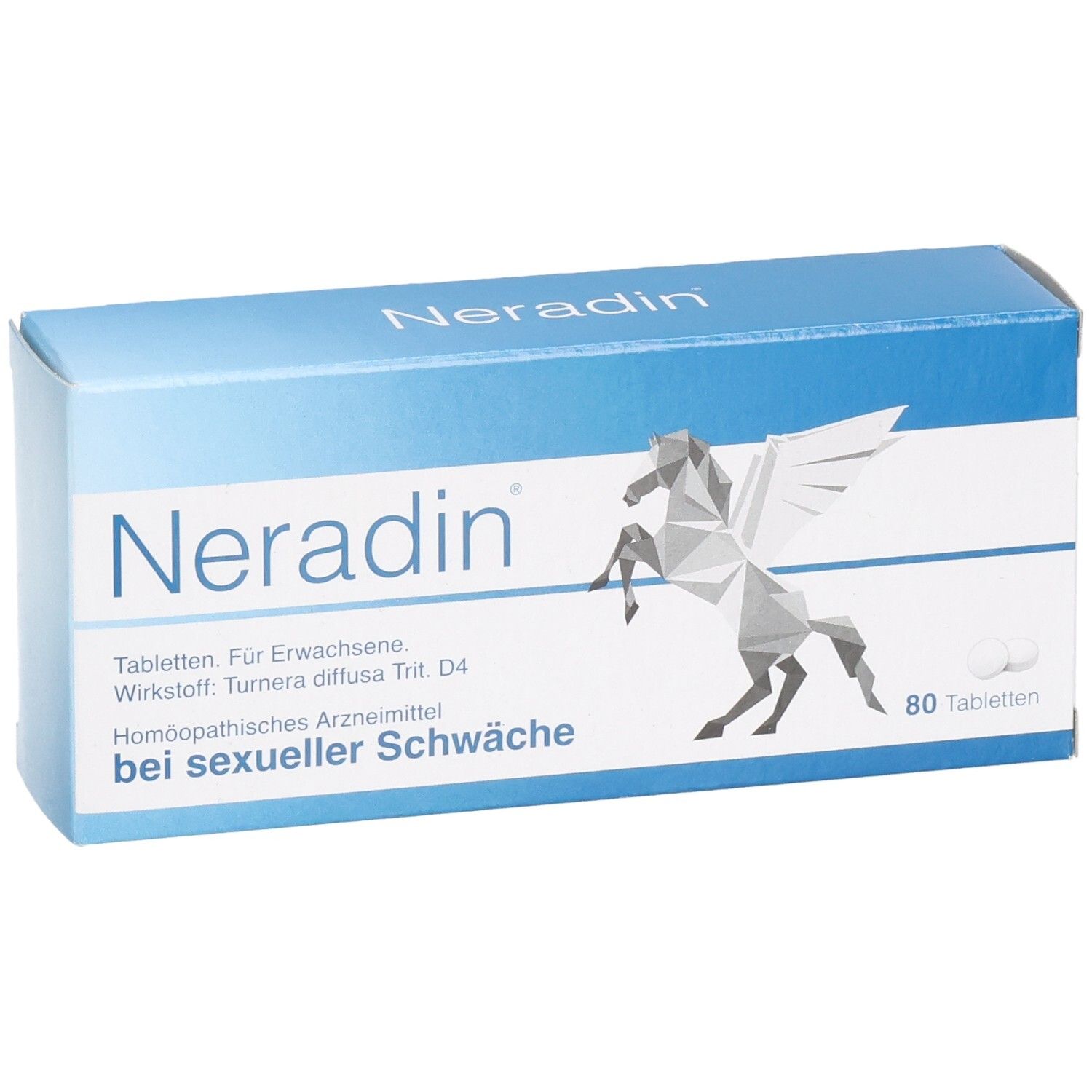 Blaue und weiße "Neradin"-Schachtel mit Pegasus-Grafik. Enthält 80 Tabletten. Text: "bei sexueller Schwäche".