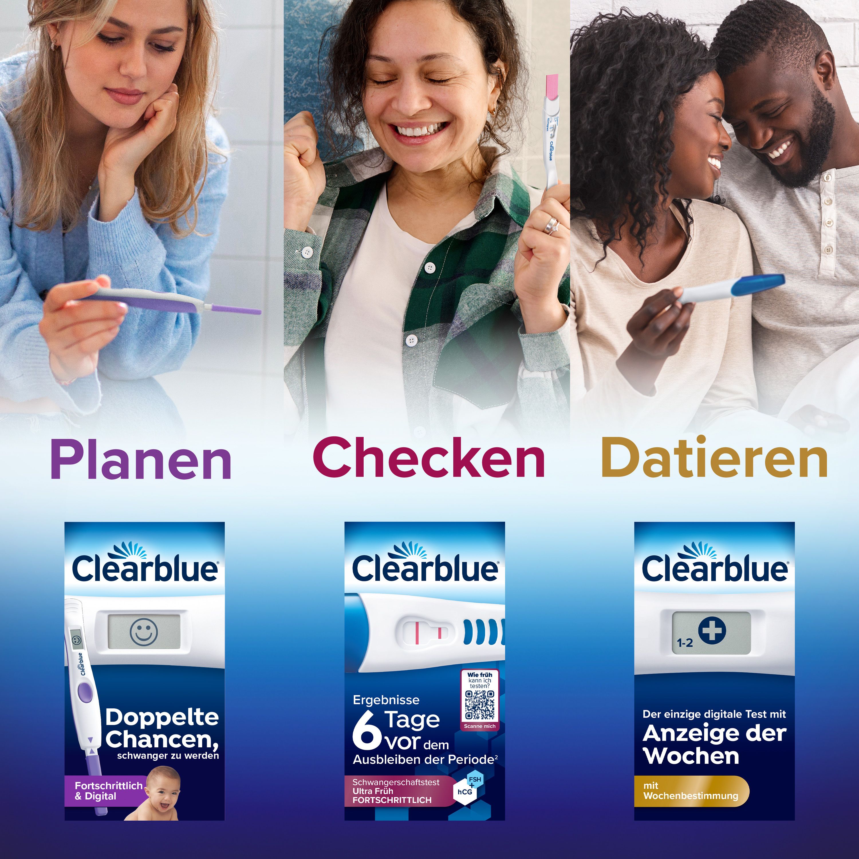 Drei Frauen mit Clearblue Tests. Planen, Checken, Datieren. Verschiedene Testtypen.