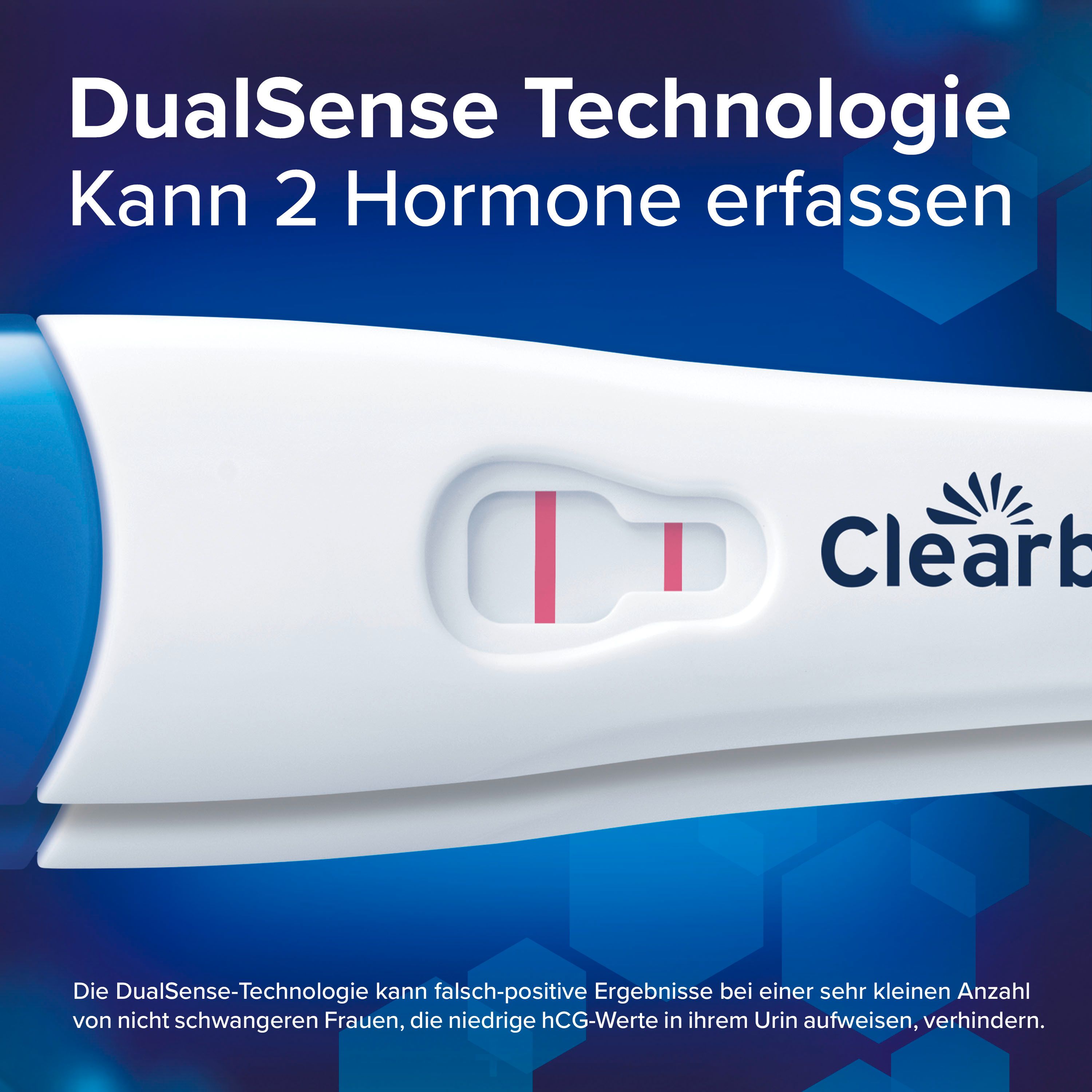 Nahaufnahme eines Clearblue Schwangerschaftstests. Rote Ergebnislinie. Text: DualSense Technologie.