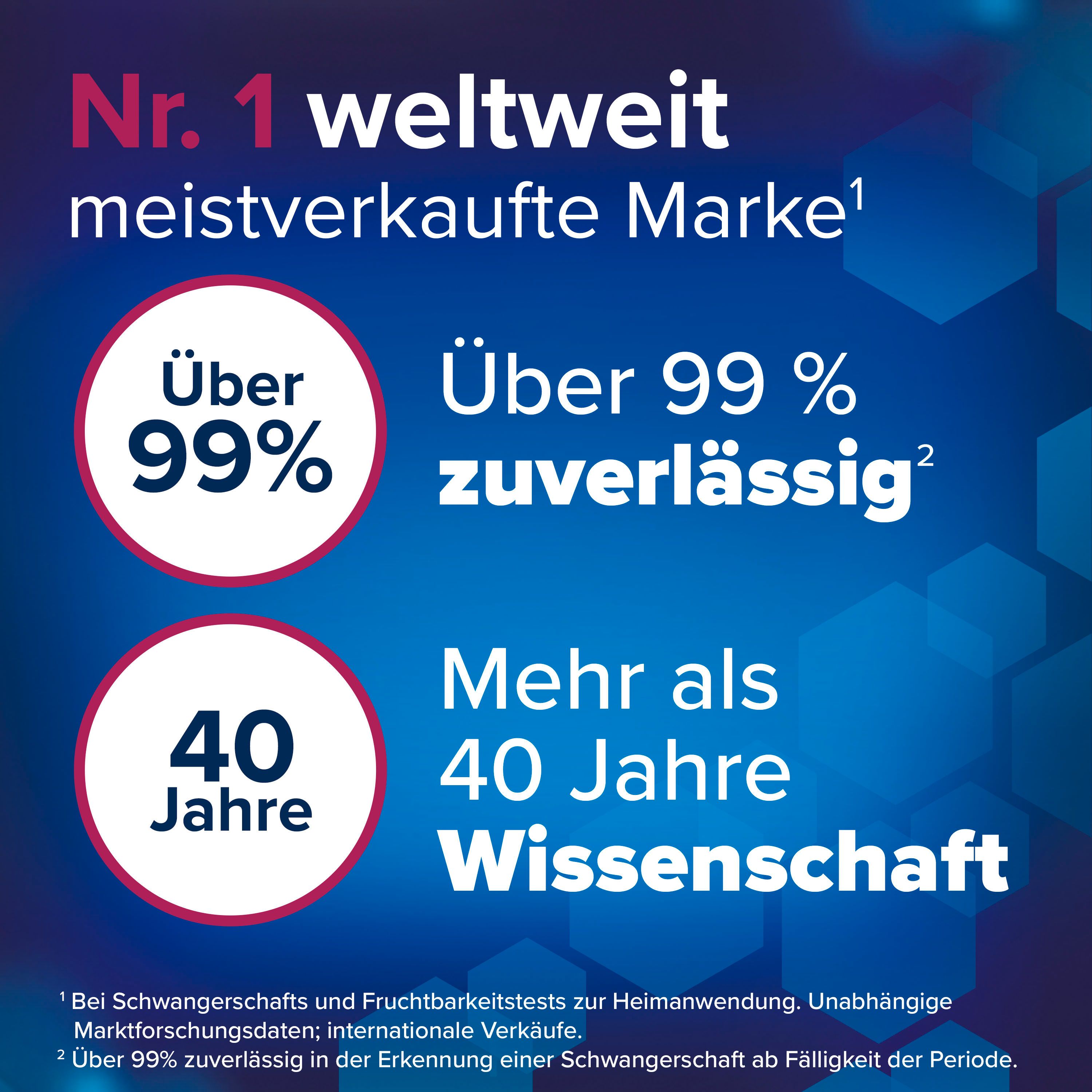 Text: Nr. 1 weltweit meistverkaufte Marke. Über 99% zuverlässig. Mehr als 40 Jahre Wissenschaft.