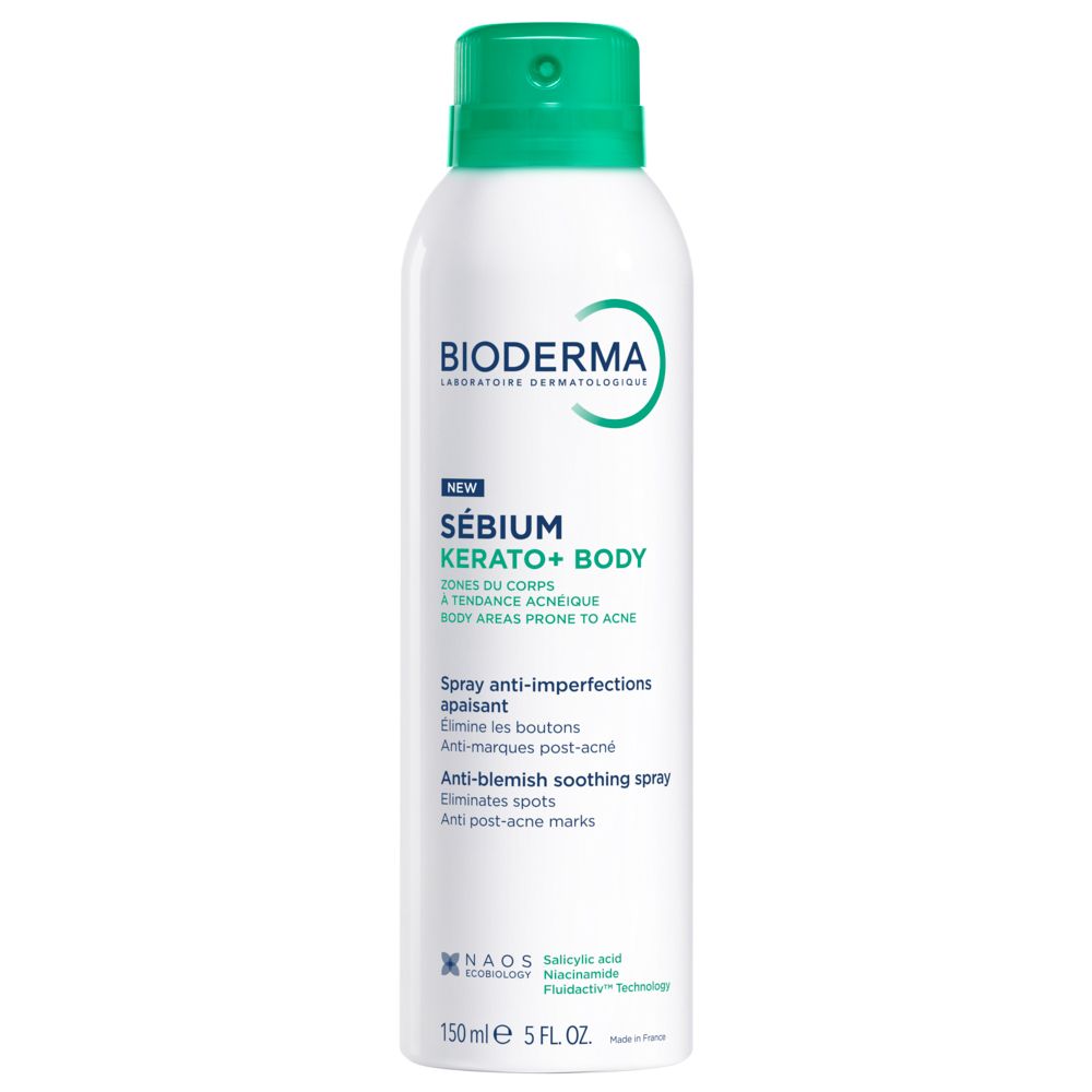 Bioderma Sébium Kerato+ Body Spray: Weißer Aerosoldose mit grünem Sprühkopf. 150ml.