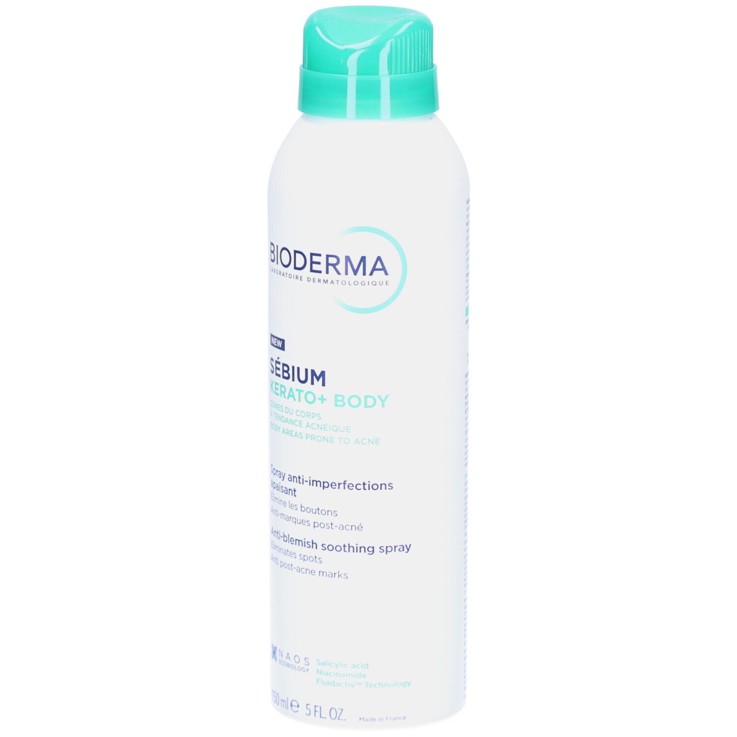 BIODERMA Sébium Kerato+ Body Spray. Weiße Flasche mit grünem Sprühkopf. Text: Anti-Unreinheiten Spray, reduziert Pickel und Narben.
