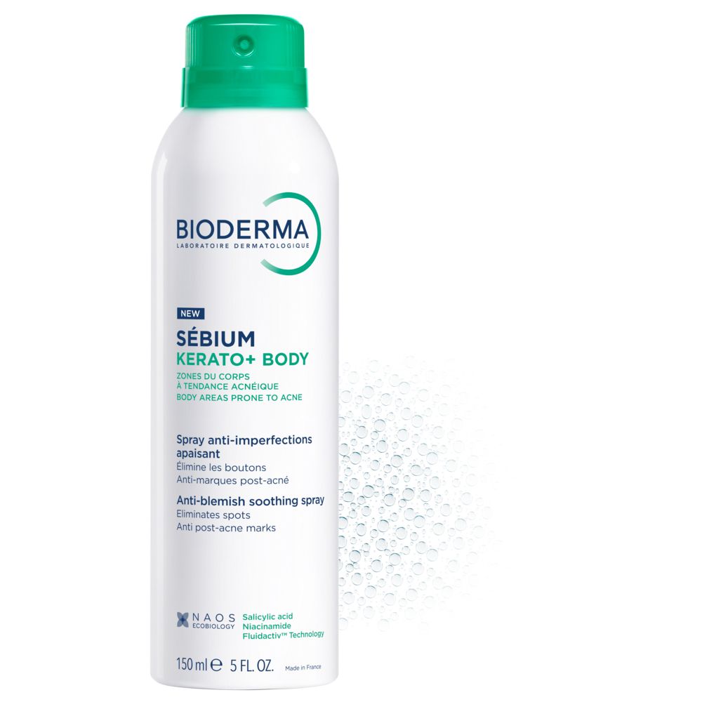 Bioderma Sébium Kerato+ Body Spray mit grünem Deckel, 150ml.