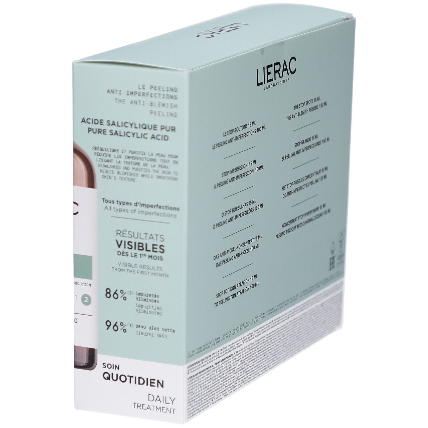 Verpackung mit Flaschen. Beschriftung: LIERAC, ACIDE SALICYLIQUE PUR, Ergebnisse nach der ersten Nacht, Soin Quotidien.