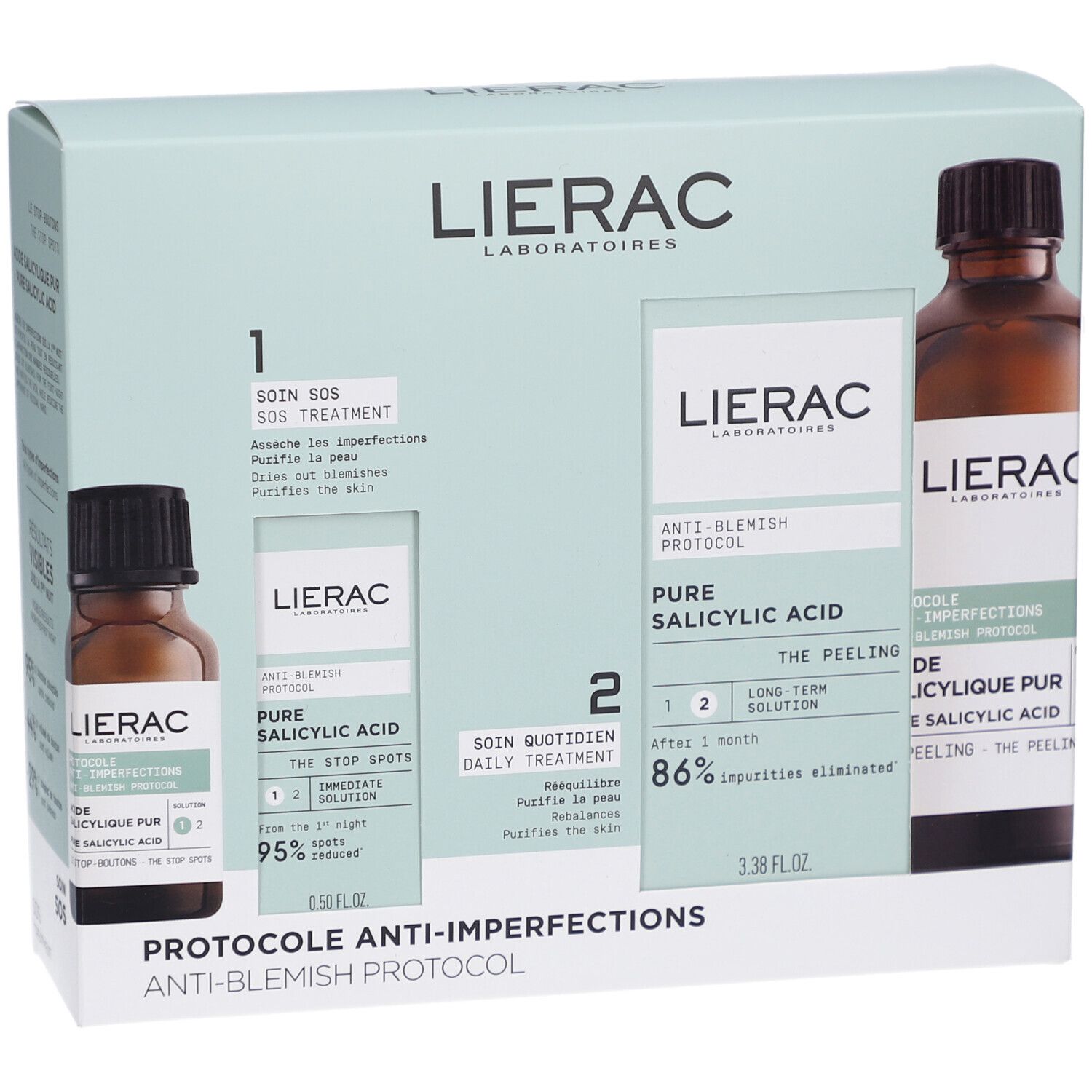 Verpackung mit zwei Flaschen und einem Fläschchen. Beschriftung: LIERAC, PROTOCOLE ANTI-IMPERFECTIONS, ANTI-BLEMISH PROTOCOL.