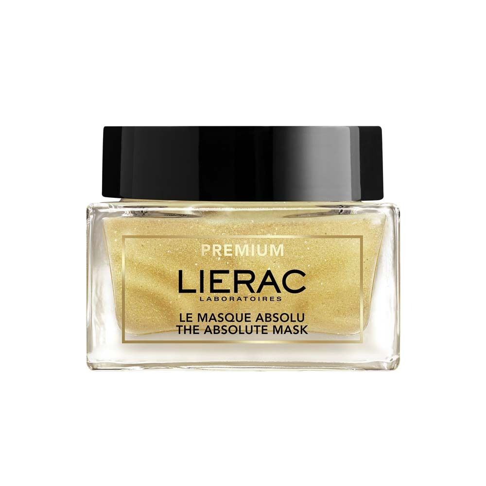 Glasbehälter mit goldfarbener Maske. Schwarzer Deckel. Aufschrift: LIERAC, PREMIUM, LE MASQUE ABSOLU, THE ABSOLUTE MASK.