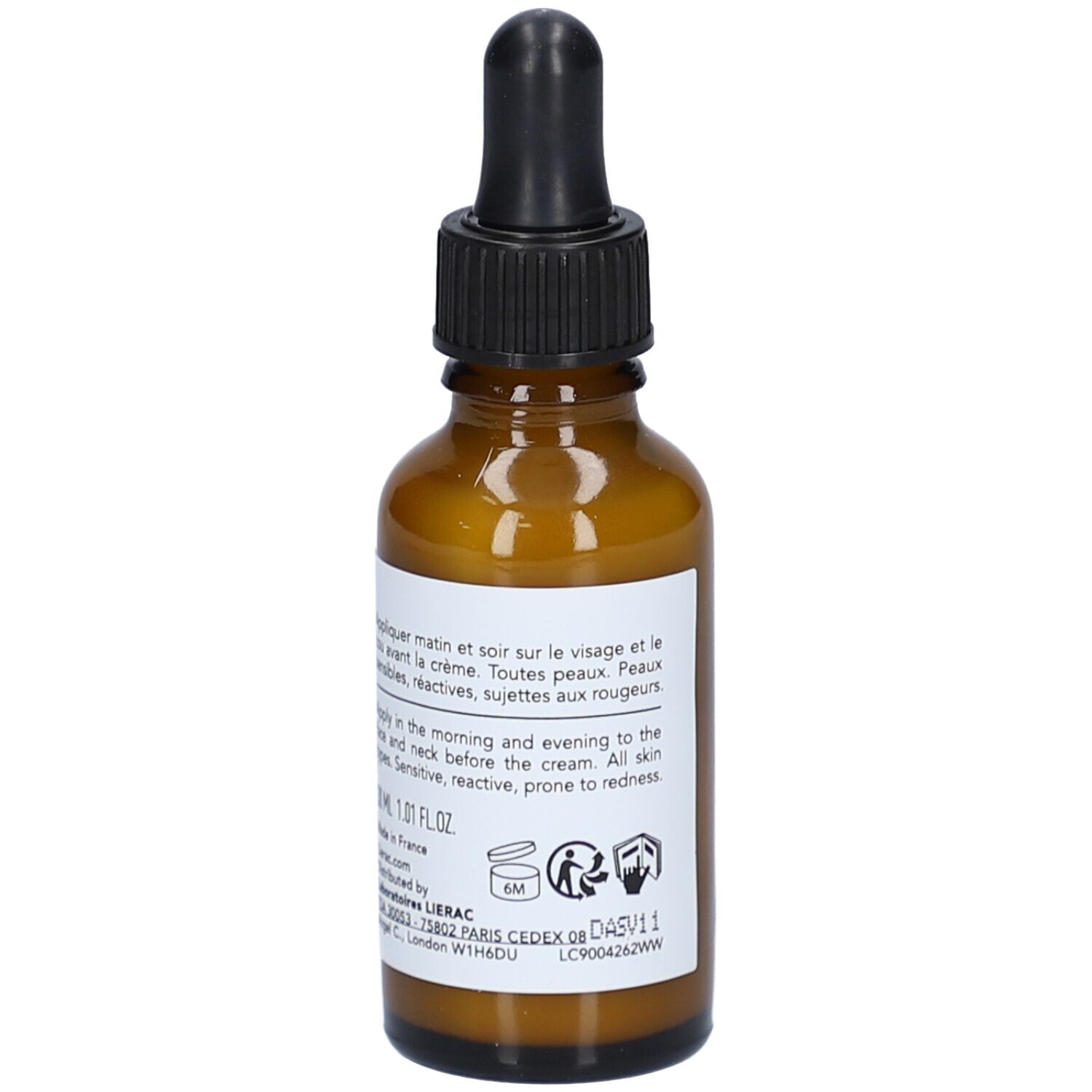 Braune Glasflasche mit schwarzem Tropfer. Etikett mit Text. Produktname nicht sichtbar.