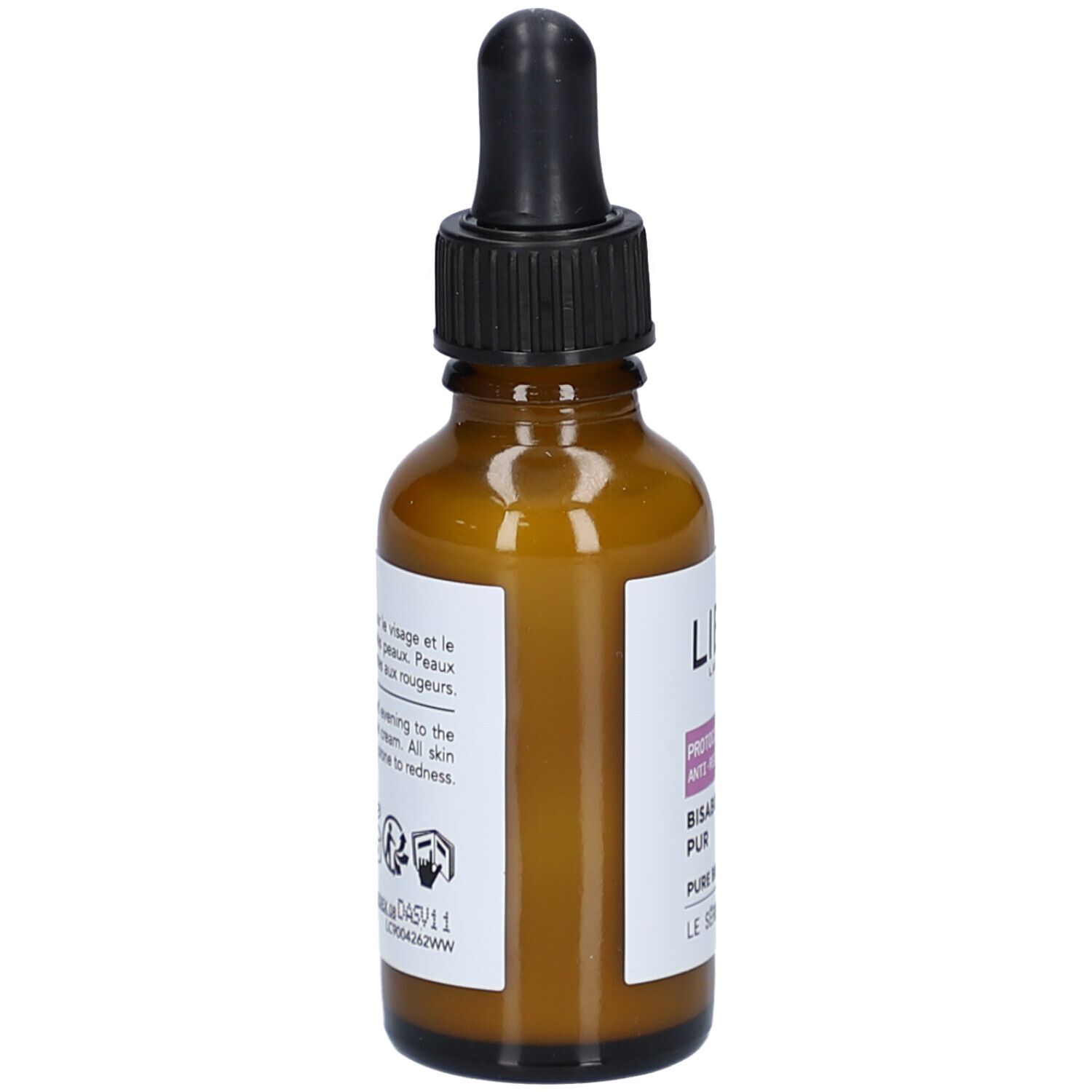 Braune Glasflasche mit schwarzem Tropfer. Etikett mit Text. Produktname nicht sichtbar.