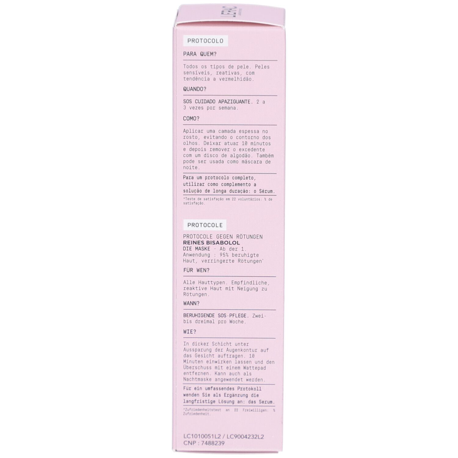 Rosa Schachtel, Text in mehreren Sprachen. Informationen zur Anwendung und Inhaltsstoffen.