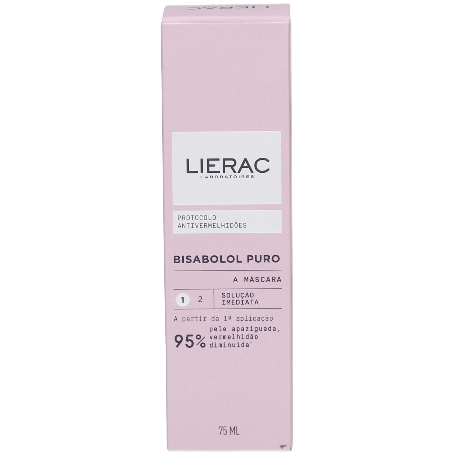 Rosa Schachtel mit Produktinformationen. Aufschrift: LIERAC, PROTOCOLO ANTI ROUGEURS, BISABOLOL PURO, LA MASCHERA.