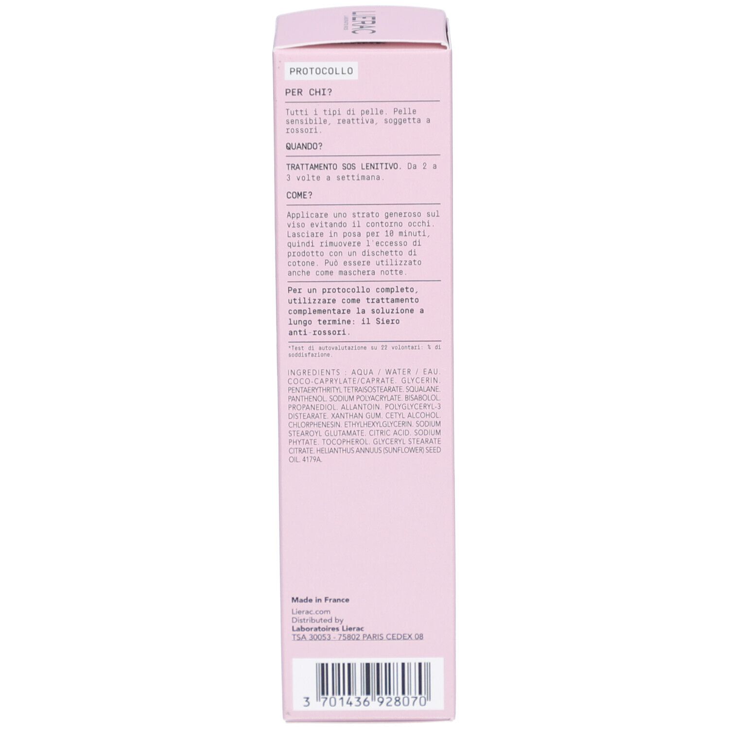 Rückseite der rosa Schachtel. Text in mehreren Sprachen. Informationen zur Anwendung und Inhaltsstoffe.