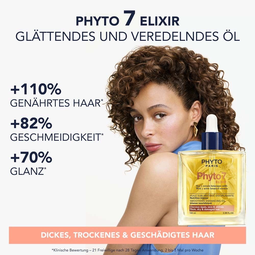 Frau mit lockigem Haar und Ölflasche. Text: +110% genährtes Haar, +82% Geschmeidigkeit, +70% Glanz. Für dickes, trockenes & geschädigtes Haar.