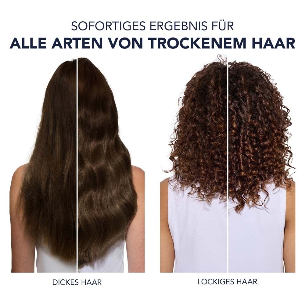 Zwei Frisuren: dickes Haar und lockiges Haar. Text: Sofortiges Ergebnis für alle Arten von trockenem Haar.