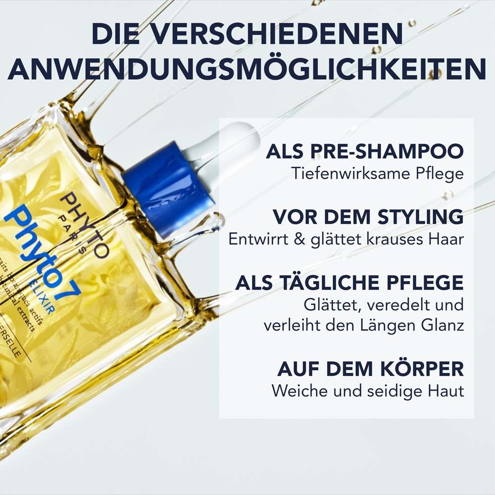Ölflasche mit Tropfer. Text: Anwendungsmöglichkeiten: Pre-Shampoo, Vor dem Styling, Als tägliche Pflege, Auf dem Körper.