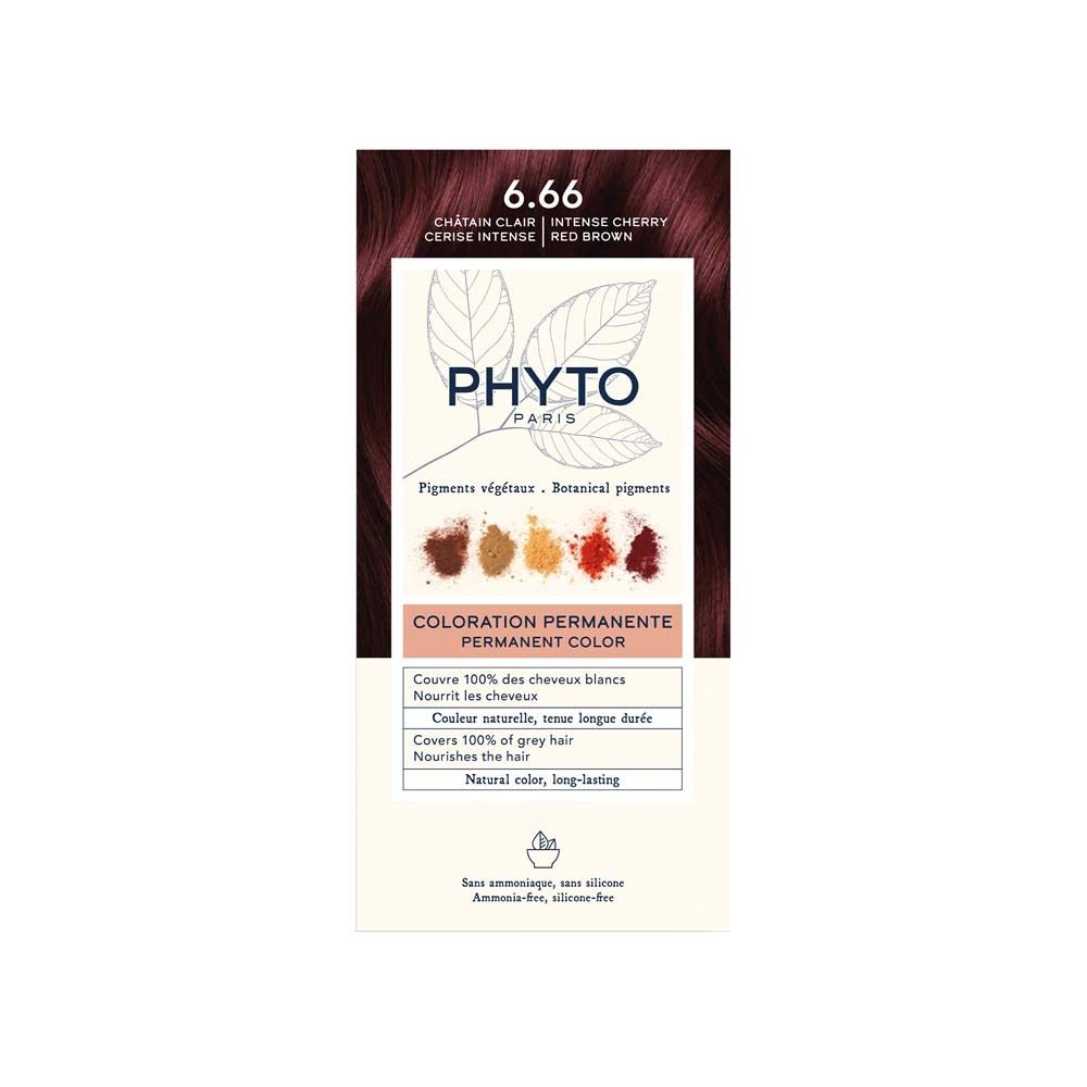 PHYTO PARIS Phytocolor 6.66 Intensives Kirschrot Hellbraun. Farbverpackung mit Produktabbildung und Text. Weißer Hintergrund.