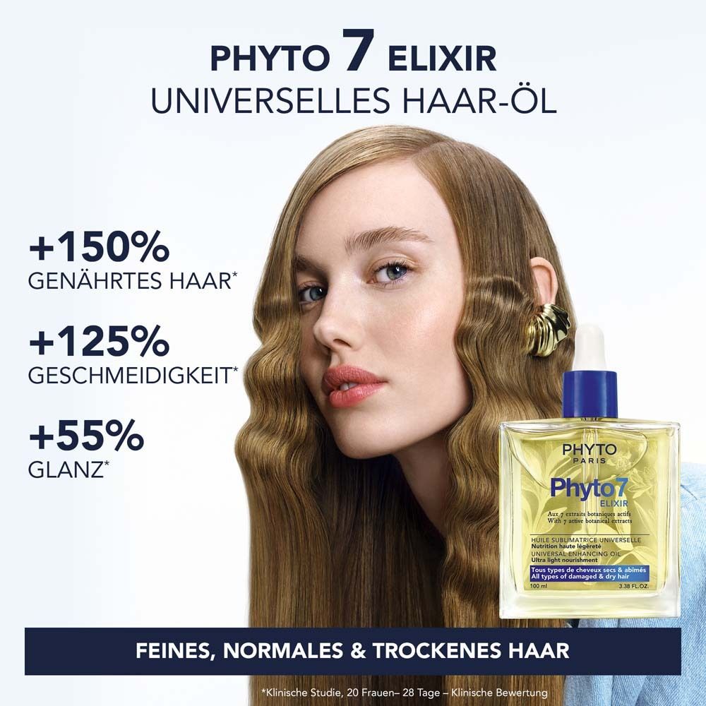 Frau mit welligem Haar. Produktabbildung: Phyto 7 Elixir. Text: +150% genährtes Haar, +125% Geschmeidigkeit, +55% Glanz. Für feines, normales & trockenes Haar.