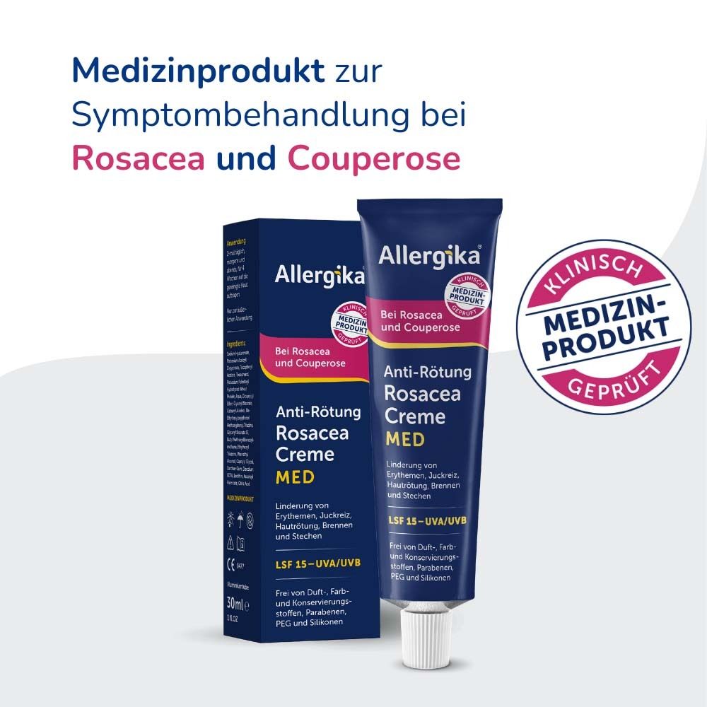 Packung und Tube Allergika Anti-Rötung Rosacea Creme MED LSF 15. Medizinprodukt. Text: Symptombehandlung bei Rosacea und Couperose. Klinisch geprüft.