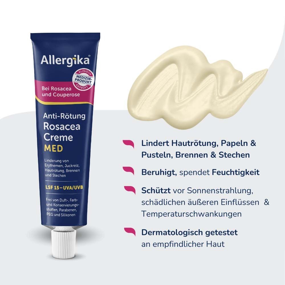 Tube Allergika Anti-Rötung Rosacea Creme MED LSF 15 und Creme-Klecks. Text: Lindert Hautrötung, beruhigt, schützt vor Sonne. Dermatologisch getestet.