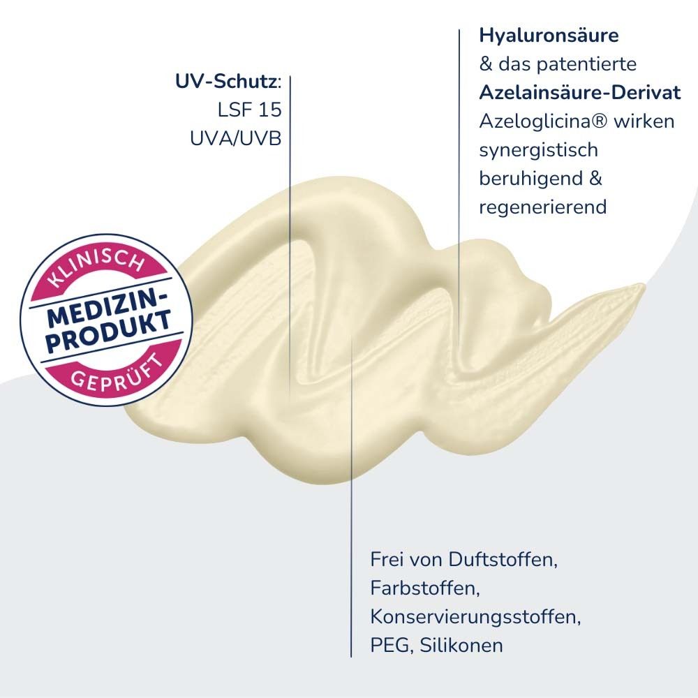 Creme-Klecks und Text: UV-Schutz LSF 15, Hyaluronsäure, Azelainsäure-Derivat. Klinisch geprüft. Frei von Duft-, Farb-, Konservierungsstoffen, PEG, Silikonen.