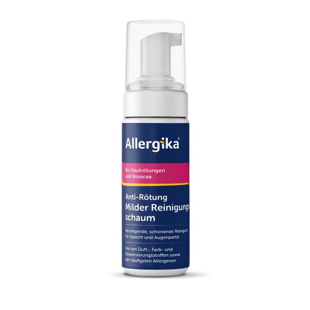 Weiße Flasche mit Pumpaufsatz. Aufschrift Allergika, Anti-Rötung, milder Reinigungsschaum. Für Hautrötungen und Rosacea.