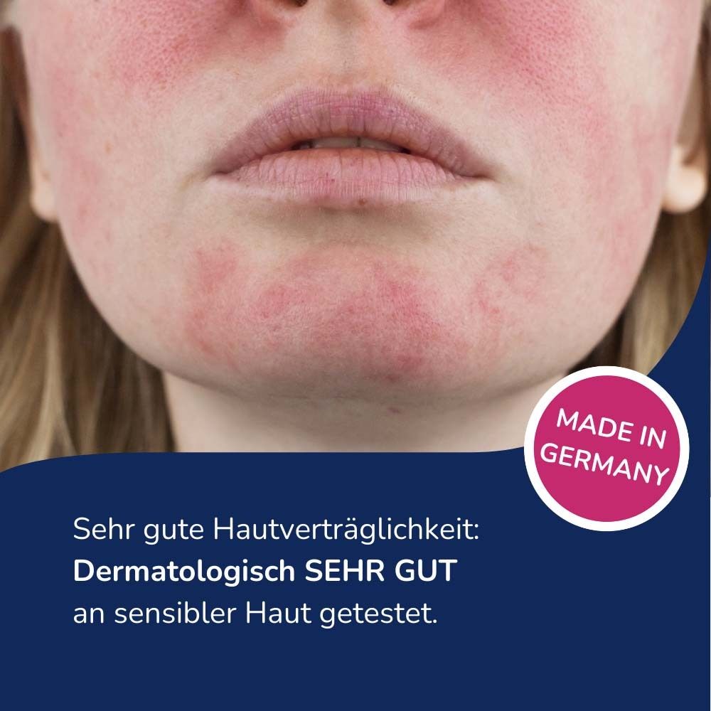 Gesicht mit Hautrötungen. Text: Dermatologisch SEHR GUT an sensibler Haut getestet. Made in Germany.