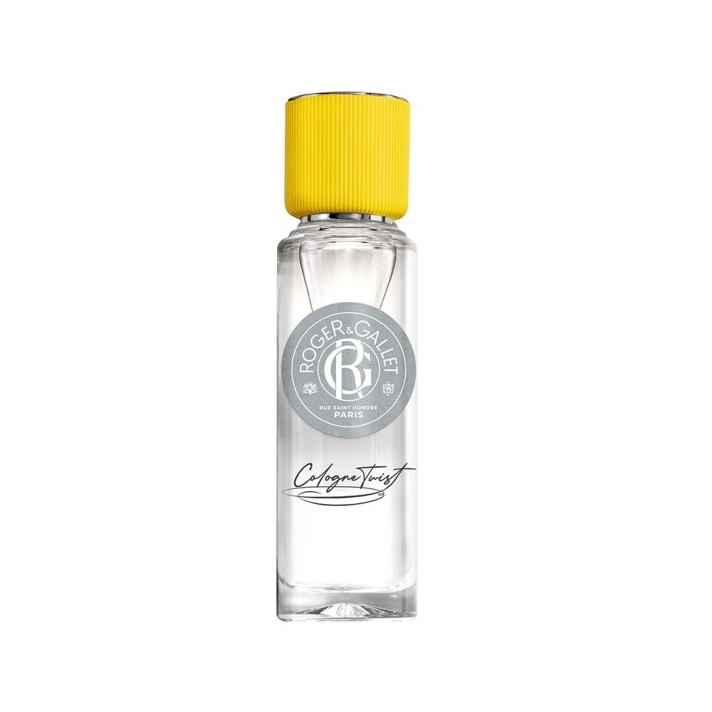 Flakon mit gelbem Verschluss. Aufschrift: ROGER & GALLET, Cologne Twist. Klarer Inhalt.