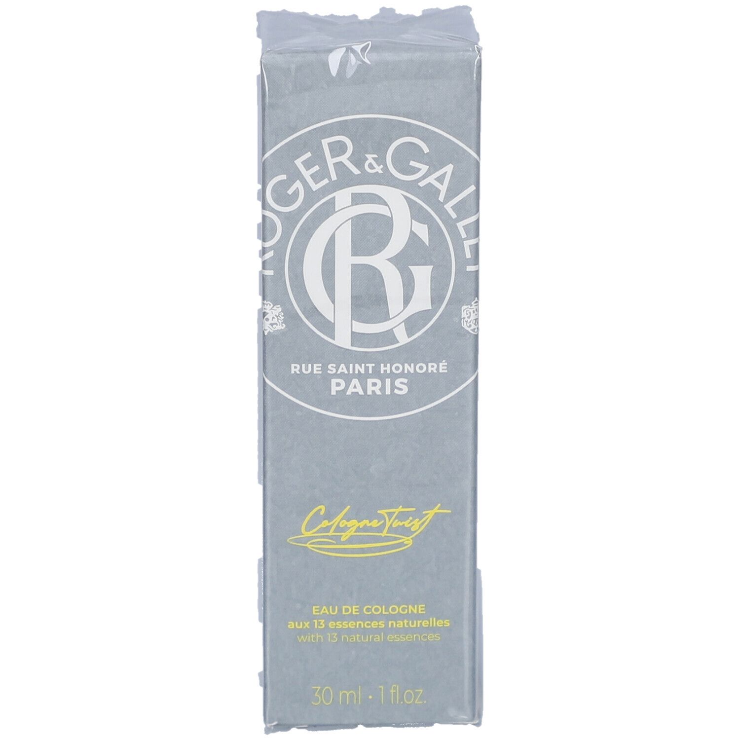 Graue Verpackung von R&G Cologne Twist Eau de Cologne Spray. Logo, Name und Produktbezeichnung.