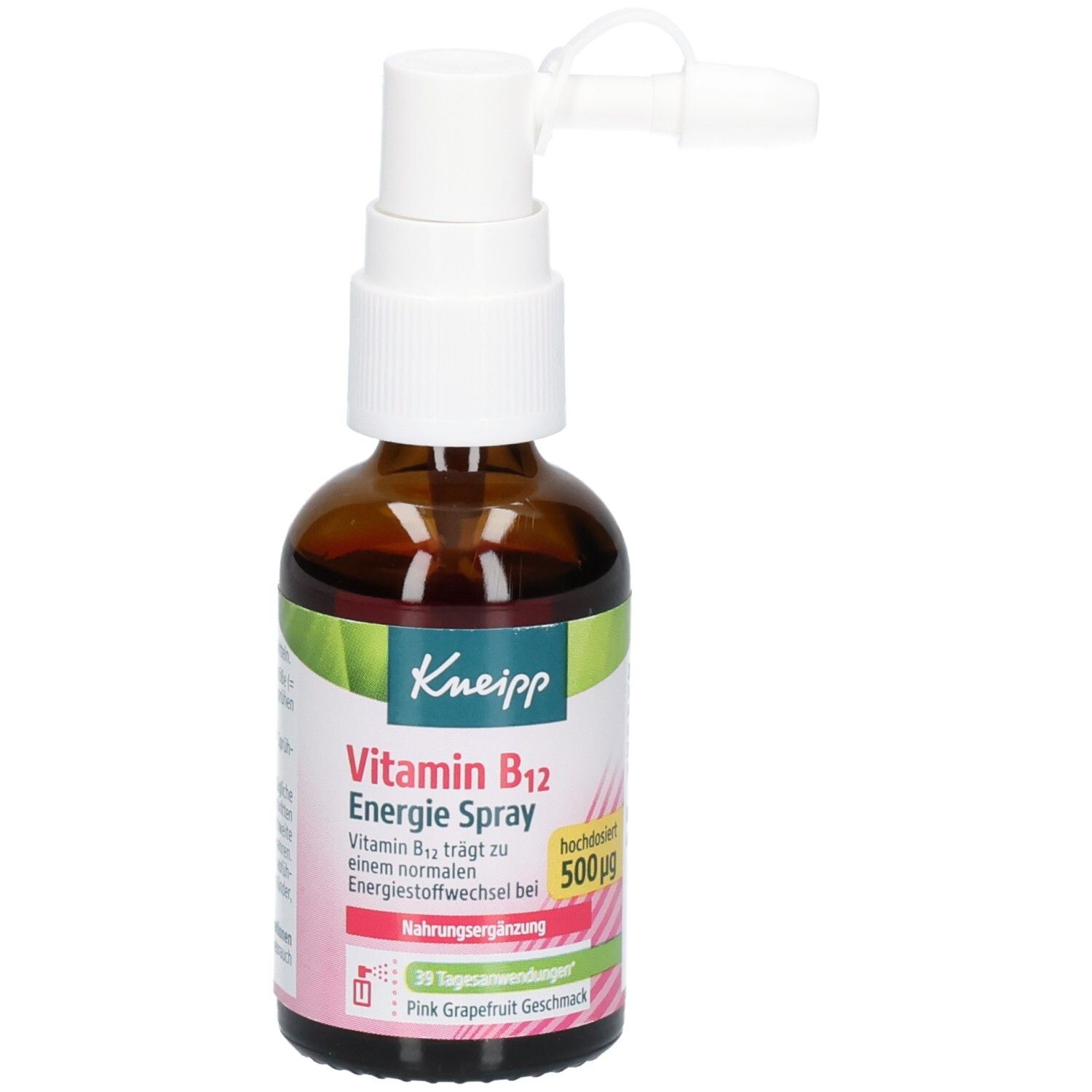 Braune Glasflasche mit weißem Sprühkopf. Kneipp Vitamin B12 Energie Spray. Pink Grapefruit Geschmack. 500µg.