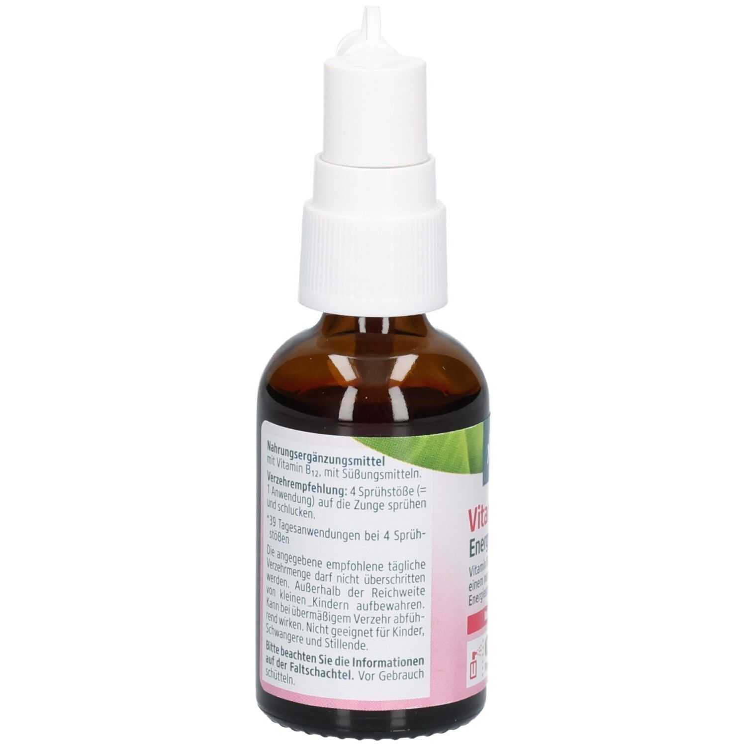 Braune Glasflasche mit weißem Sprühkopf. Kneipp Vitamin B12 Energie Spray. Text auf Etikett. 39 Tagesanwendungen.