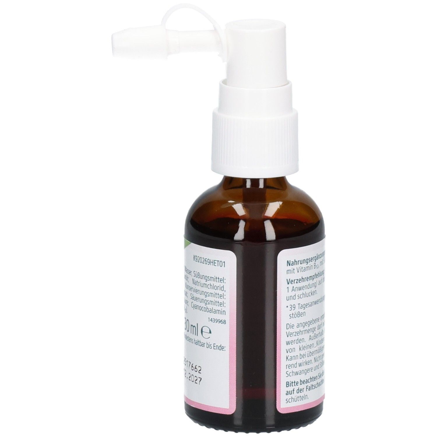 Braune Glasflasche mit weißem Sprühkopf. Kneipp Vitamin B12 Energie Spray. 30 ml. Mindestens haltbar bis 12.2027.