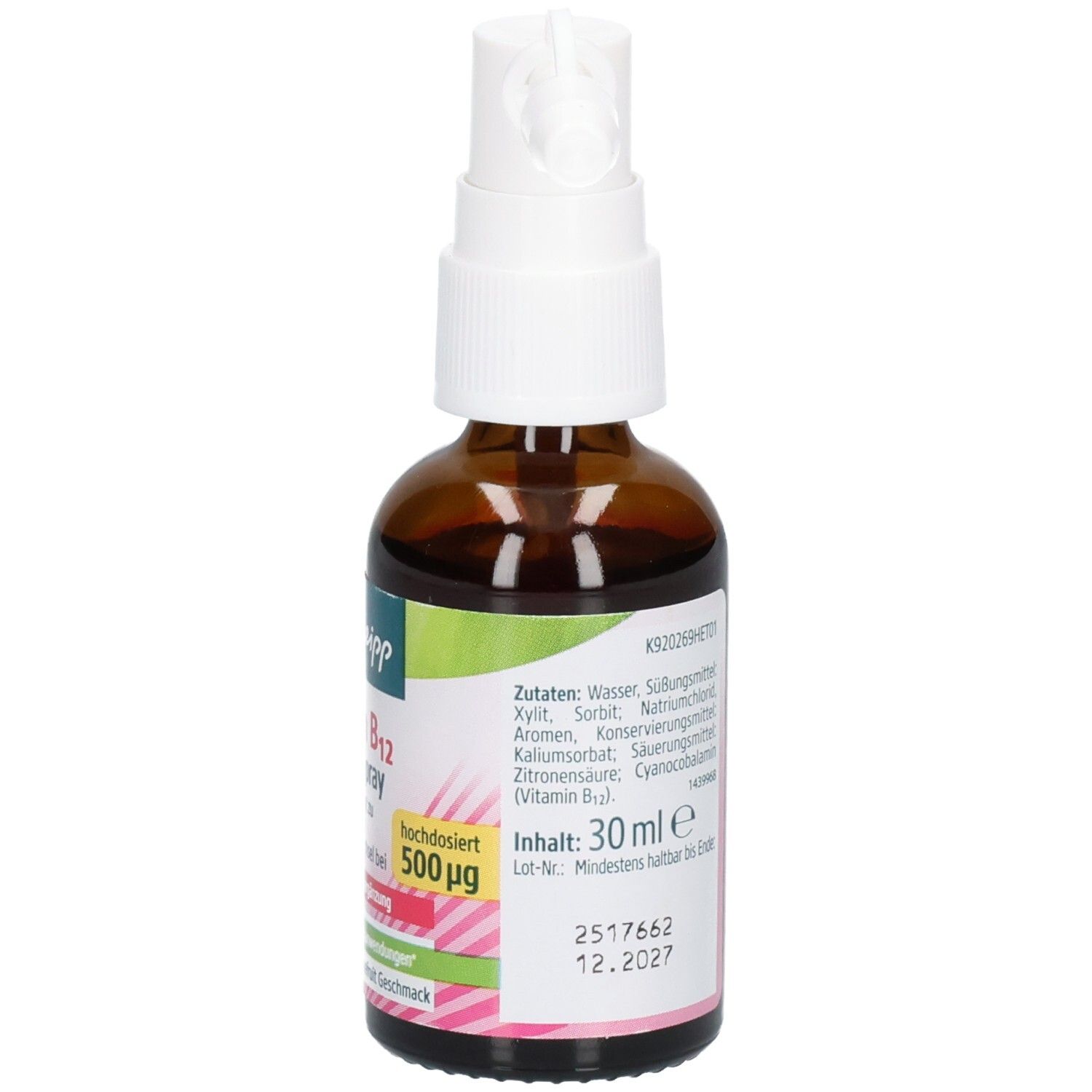 Braune Glasflasche mit weißem Sprühkopf. Kneipp Vitamin B12 Energie Spray. 30 ml. Inhalt. Mindestens haltbar bis 12.2027.