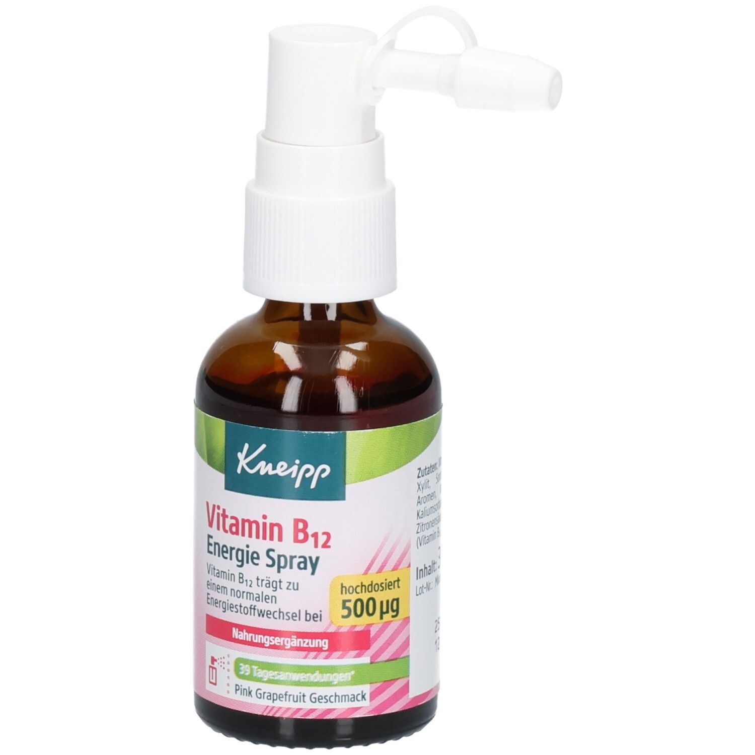 Braune Glasflasche mit weißem Sprühkopf. Kneipp Vitamin B12 Energie Spray. Pink Grapefruit Geschmack. 500µg.