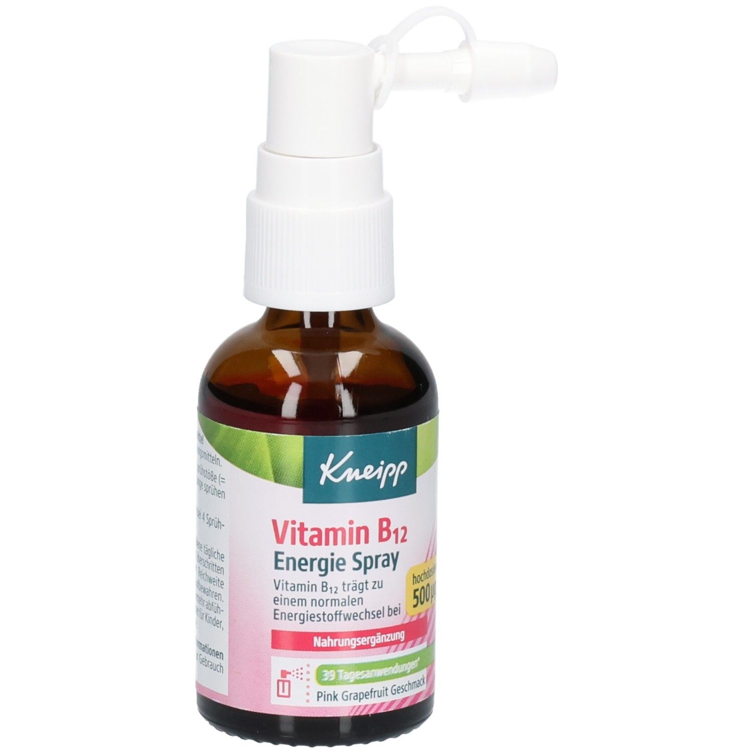 Braune Glasflasche mit weißem Sprühkopf. Kneipp Vitamin B12 Energie Spray. 500µg. Pink Grapefruit Geschmack.