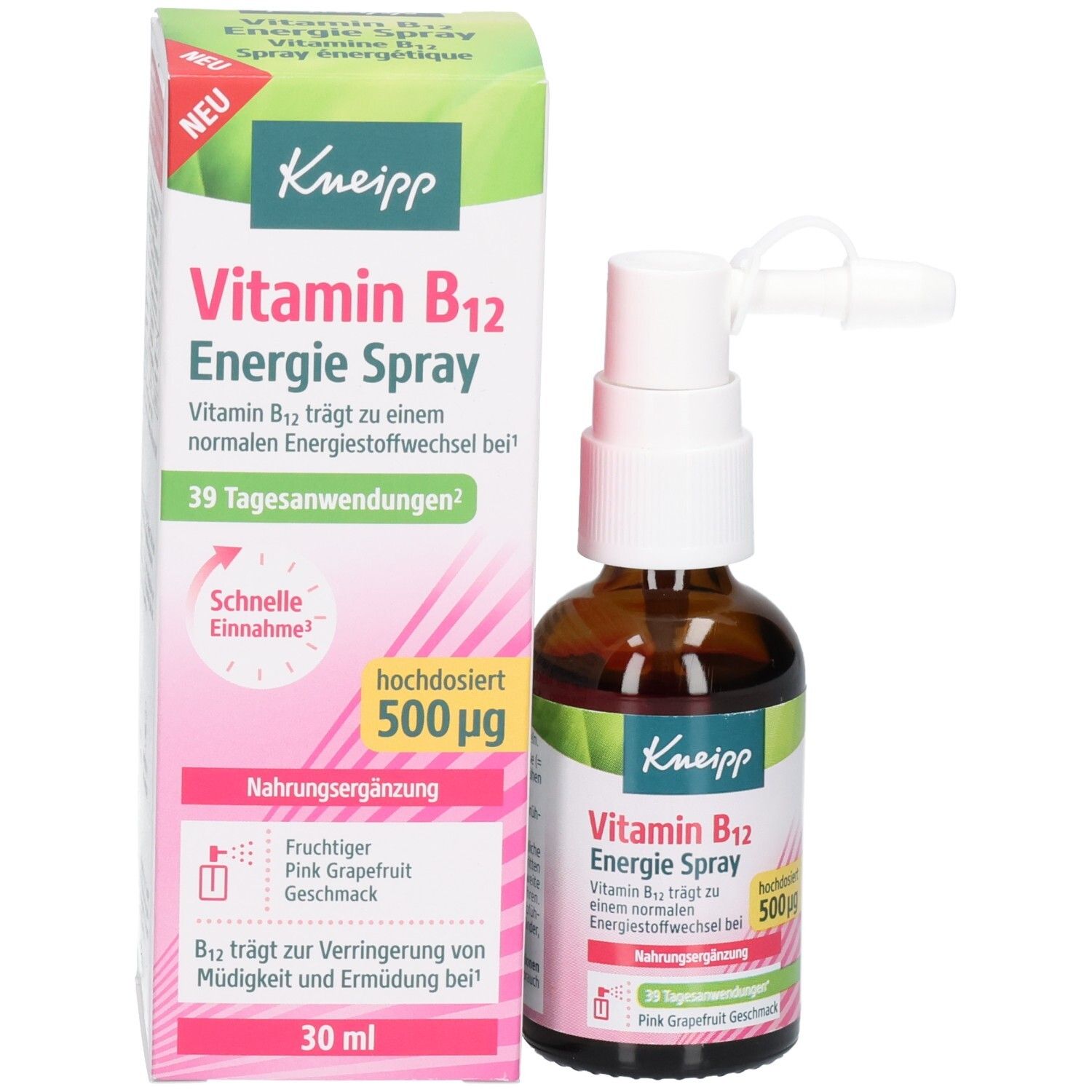Kneipp Vitamin B12 Energie Spray und Verpackung. 500µg. Pink Grapefruit Geschmack. 30 ml. Nahrungsergänzung.