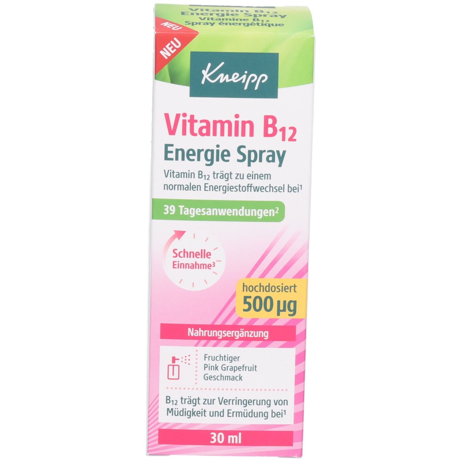 Verpackung von Kneipp Vitamin B12 Energie Spray. 30 ml. Nahrungsergänzung. Pink Grapefruit Geschmack. Neu.