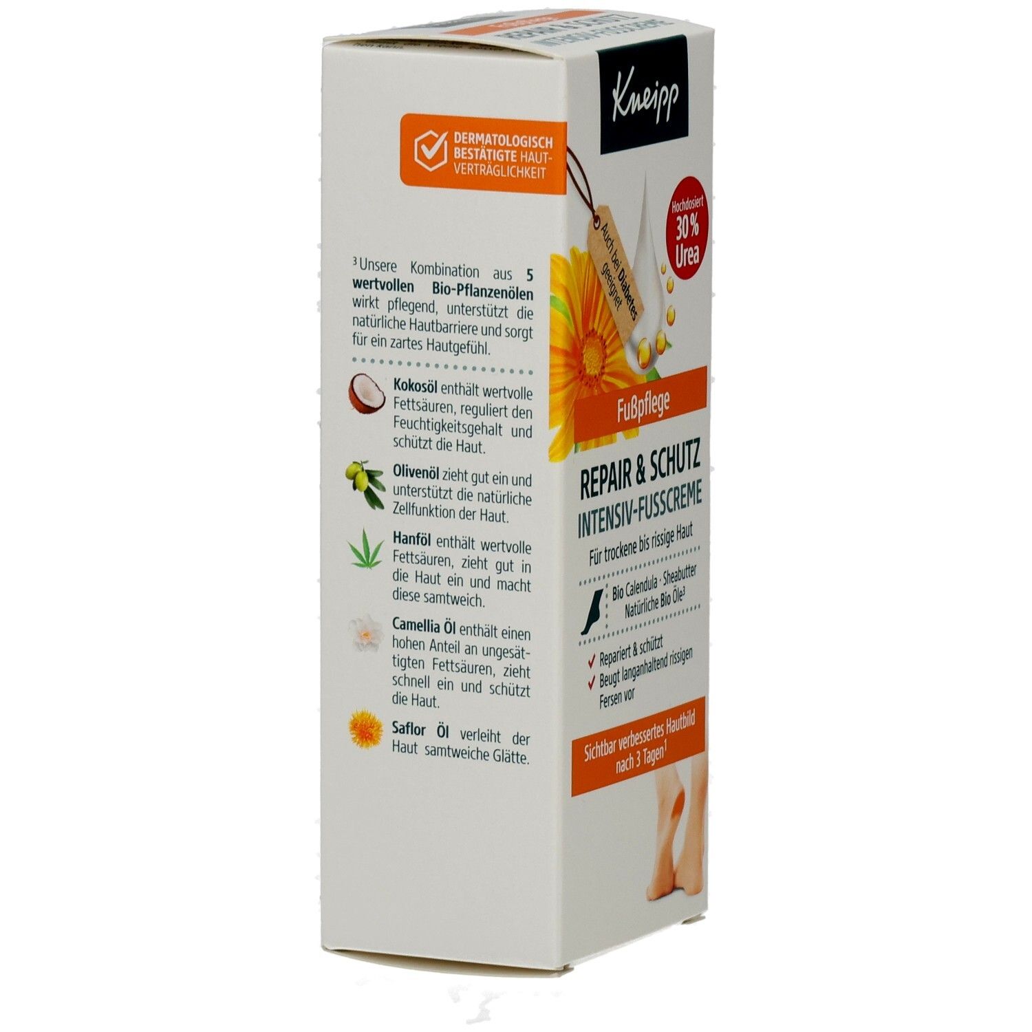 Kneipp Repair & Schutz Intensiv Fußcreme-Verpackung. Rückseite mit Inhaltsstoffen und Informationen zu Bio-Pflanzenölen. Dermatologisch getestet.