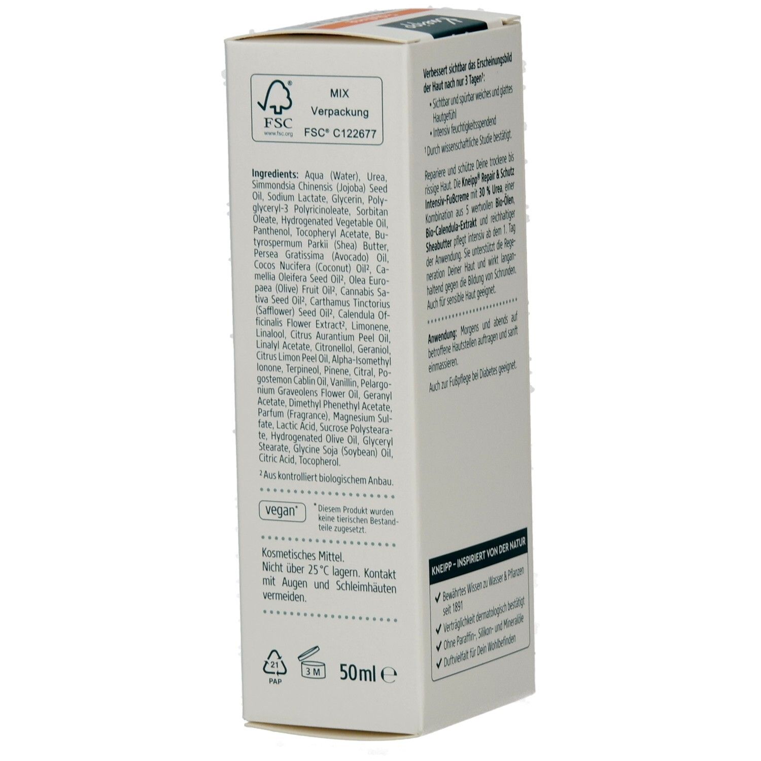 Kneipp Repair & Schutz Intensiv Fußcreme-Verpackung. Enthält Inhaltsstoffe, FSC-Siegel, vegan-Logo und 50ml. Nicht über 25°C lagern.