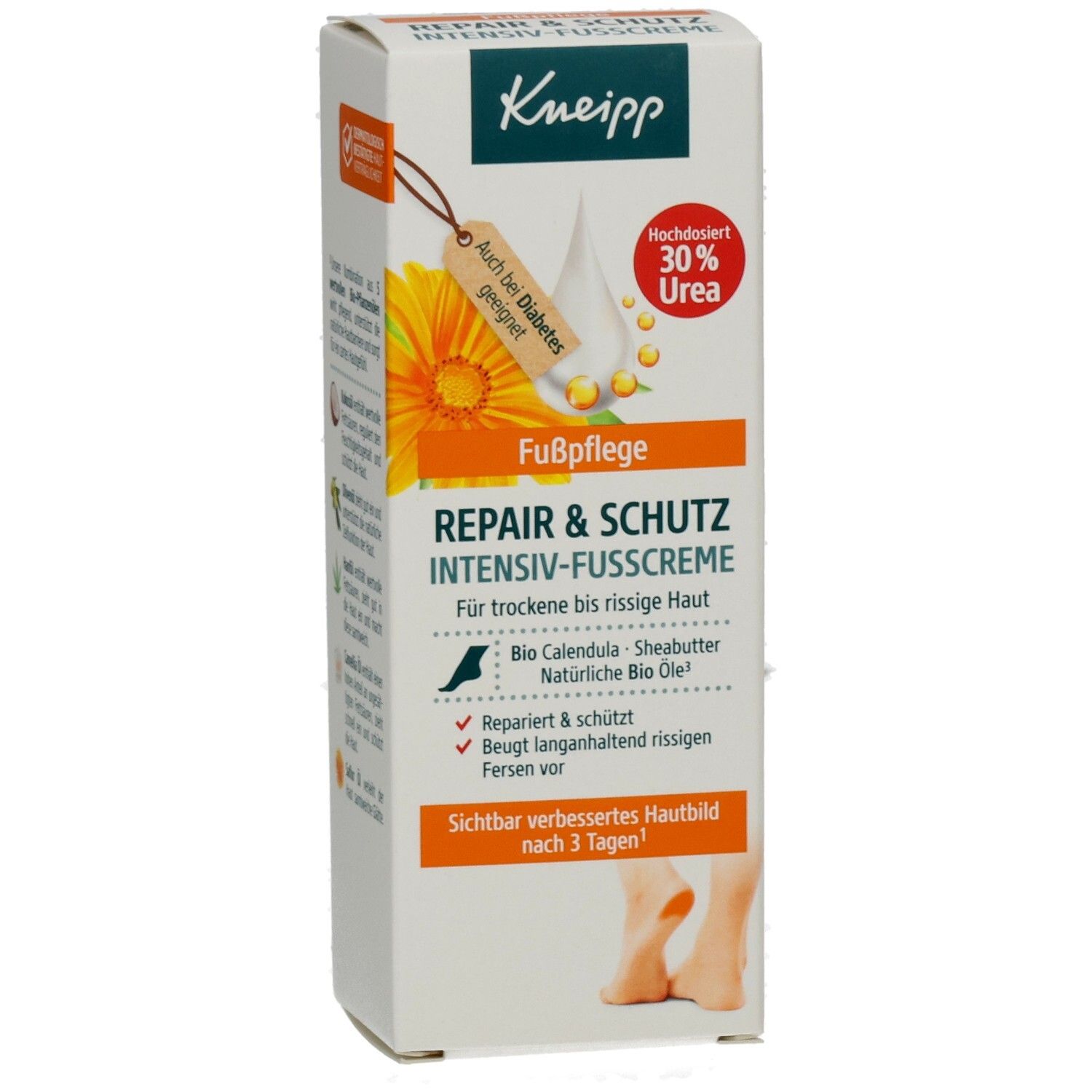 Kneipp Repair & Schutz Intensiv Fußcreme-Verpackung. Vorderseite mit Produktnamen, Inhaltsstoffen und Anwendungsbereich. Für trockene, rissige Haut.