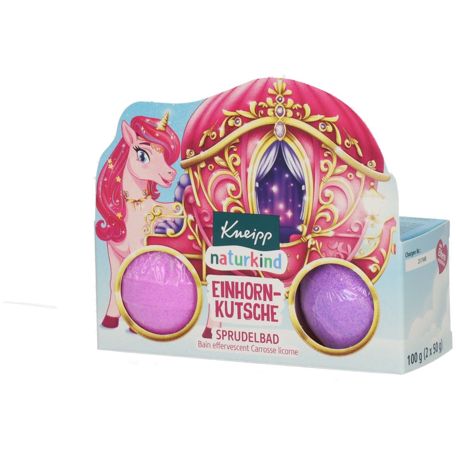 Verpackung mit zwei Sprudelbädern. Aufdruck: Einhorn-Kutsche, Kneipp naturkind. Rosa und lila Kugeln in einer Pappschachtel.