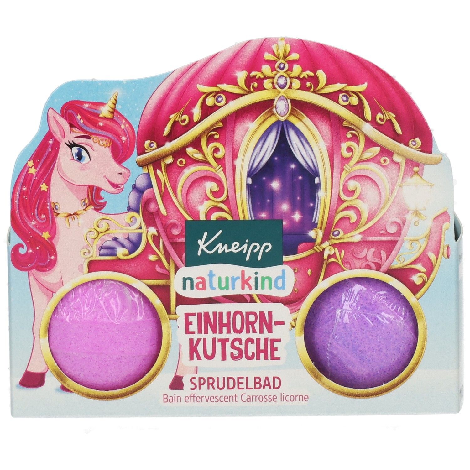 Verpackung mit zwei Sprudelbädern. Aufdruck: Einhorn-Kutsche, Kneipp naturkind. Rosa und lila Kugeln in einer Pappschachtel.
