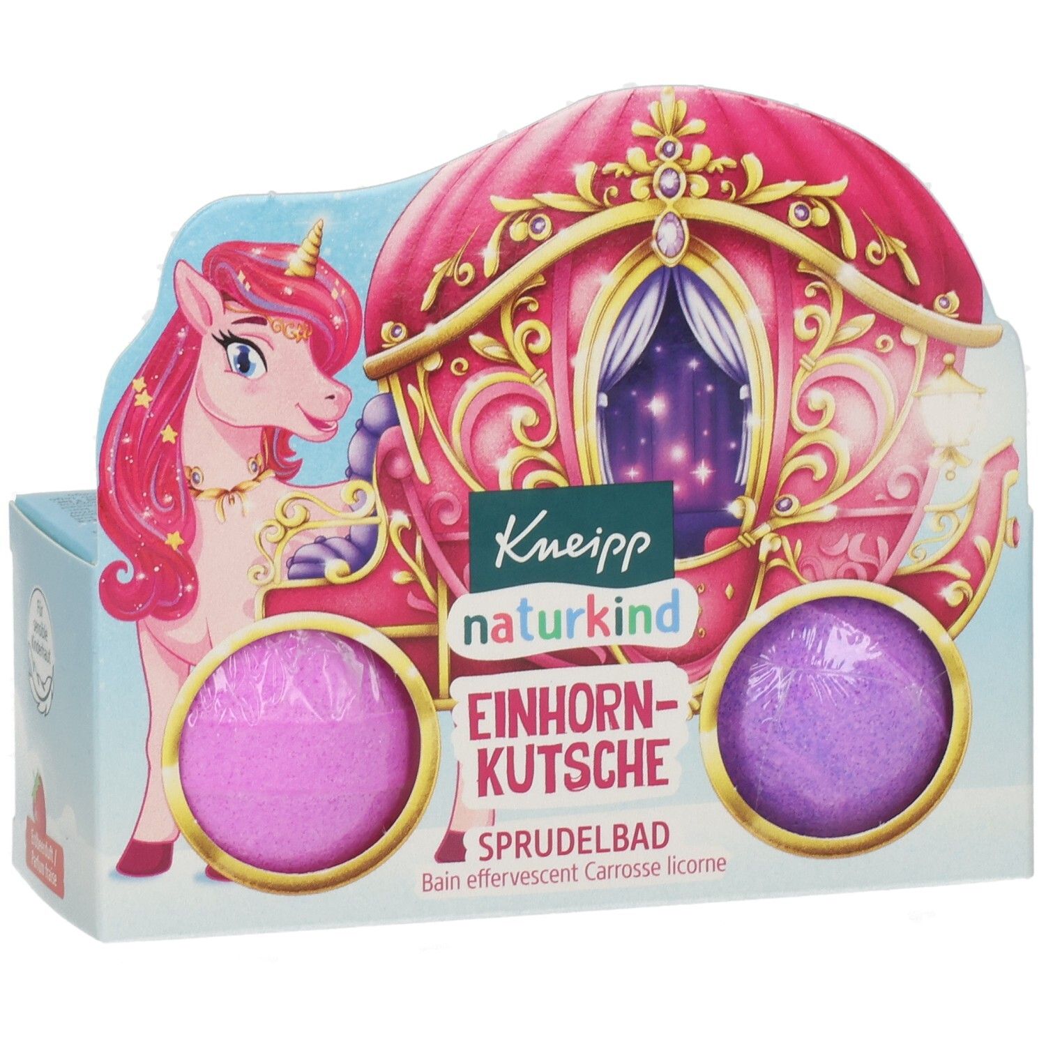 Verpackung mit zwei Sprudelbädern. Aufdruck: Einhorn-Kutsche, Kneipp naturkind. Rosa und lila Kugeln in einer Pappschachtel.