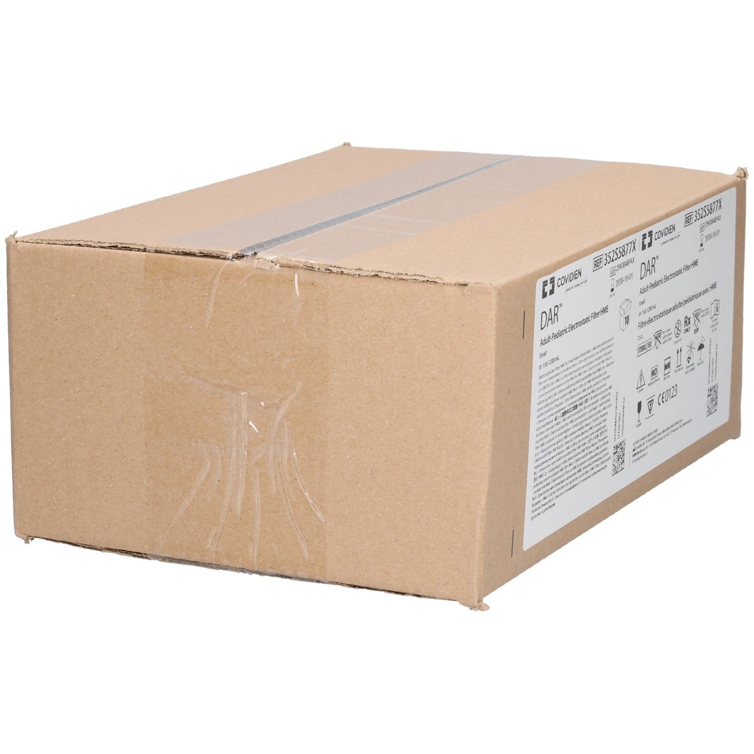 Kartonverpackung, braun, mit Aufdrucken. Beschriftung: COVDIEN, DAR, Adult Pediatric Elektrostatic Filter HME. CE-Kennzeichnung.