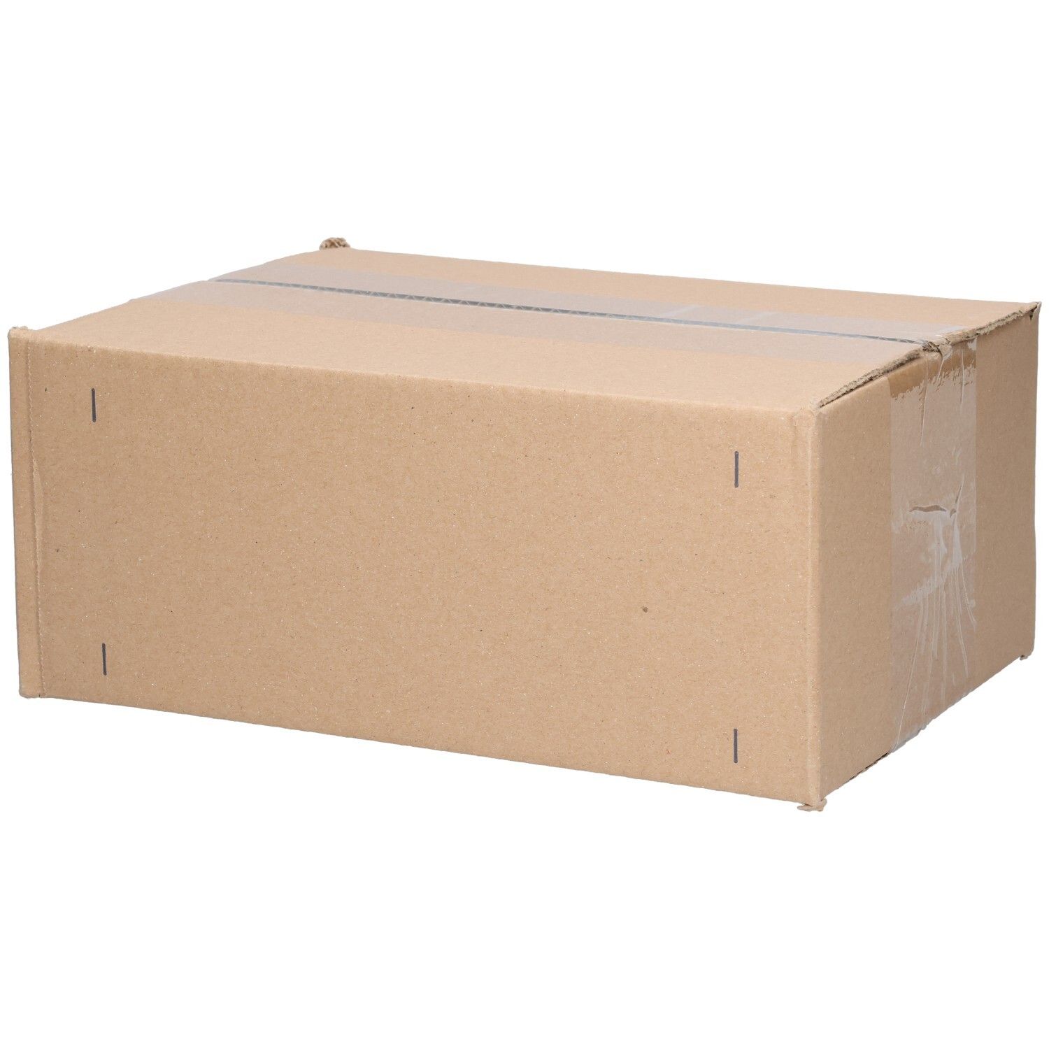 Braune Kartonverpackung, rechteckig, mit Klebeband verschlossen. Keine weiteren Details sichtbar.