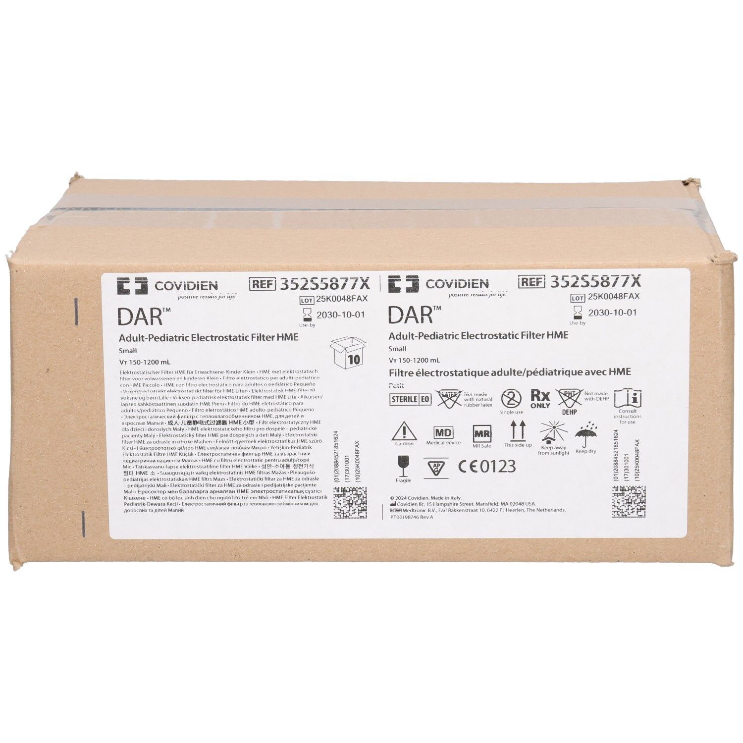 Kartonverpackung mit Aufdrucken. Beschriftung: COVDIEN, DAR, Adult Pediatric Elektrostatic Filter HME. Enthält 10 Stück. CE-Kennzeichnung.