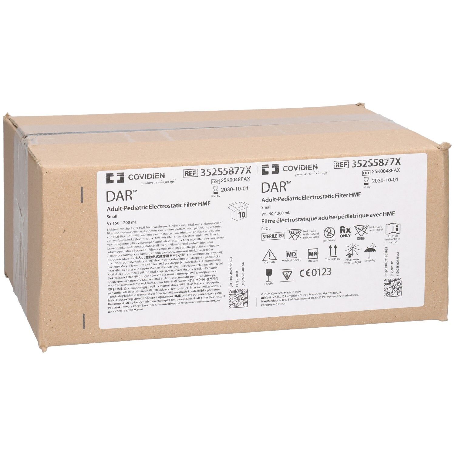 Kartonverpackung mit Aufdrucken. Beschriftung: COVDIEN, DAR, Adult Pediatric Elektrostatic Filter HME. Enthält 10 Stück. CE-Kennzeichnung.